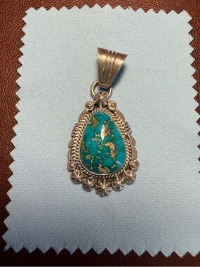 Navajo Benally 925 Sterling Sonoran Gold Turquoise Teardrop Pendant,Native